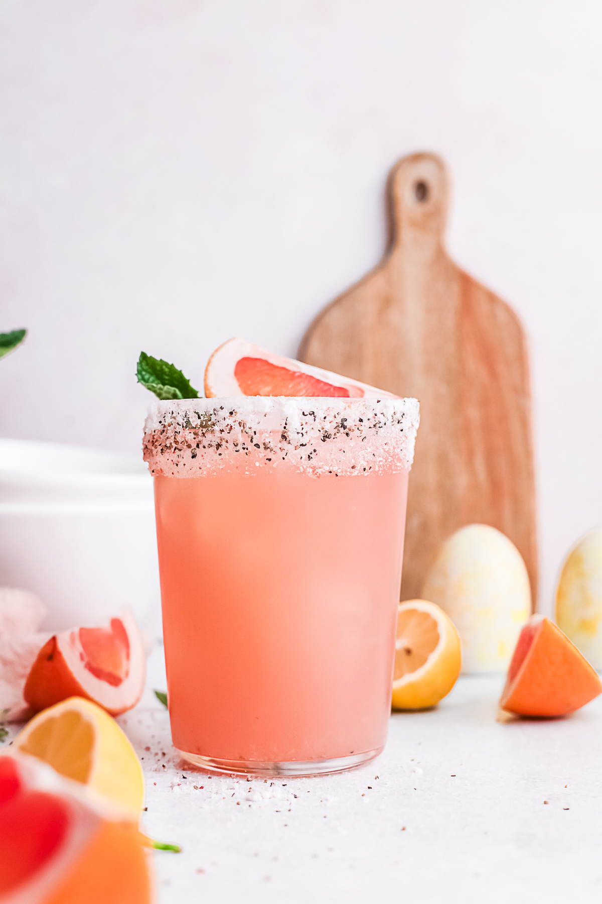 Grapefruit Paloma in a short cocktail glass. 