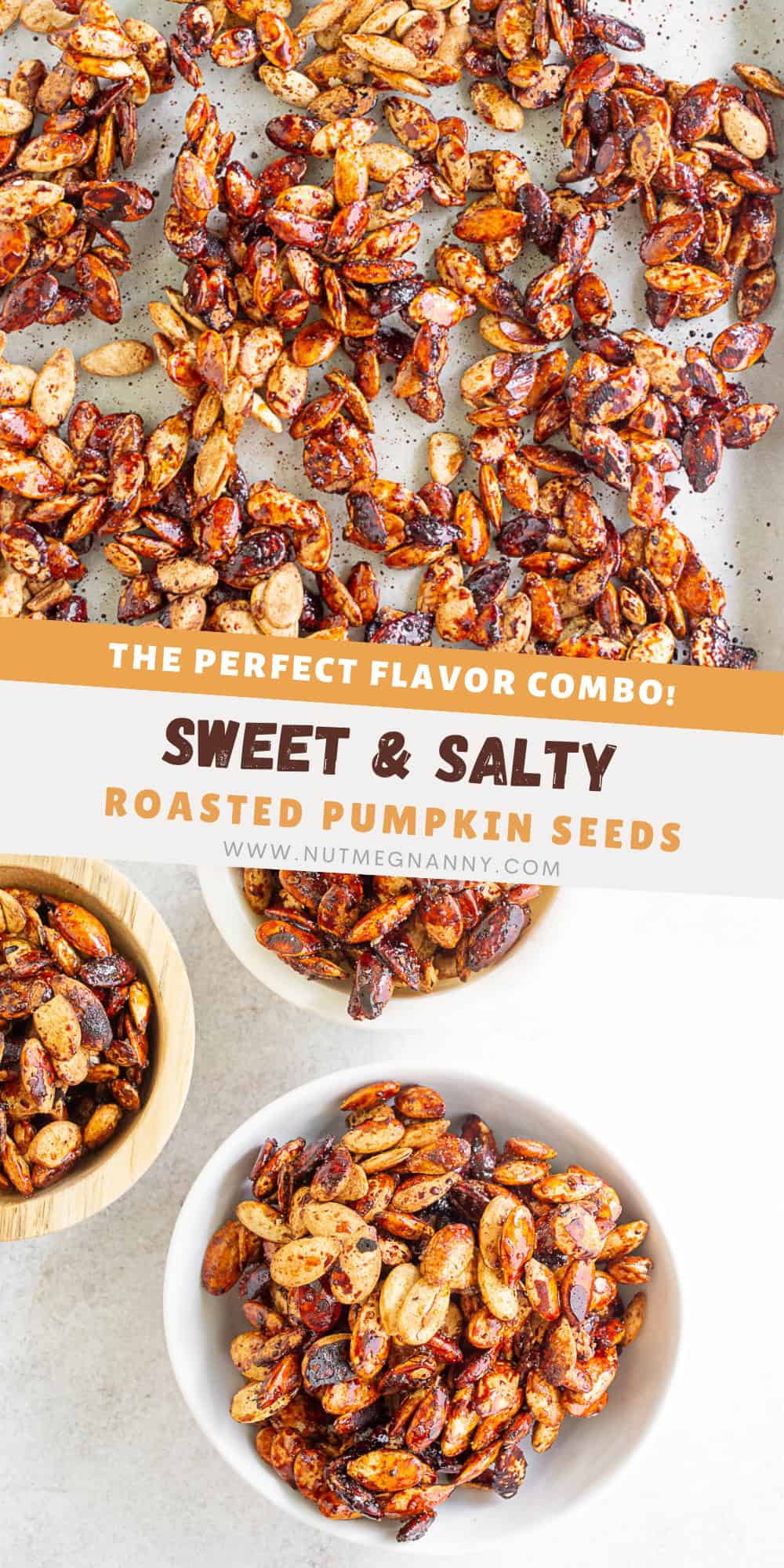 A visual graphic for Pinterest featuring sweet and salty roasted pumpkin seeds with text overlay.