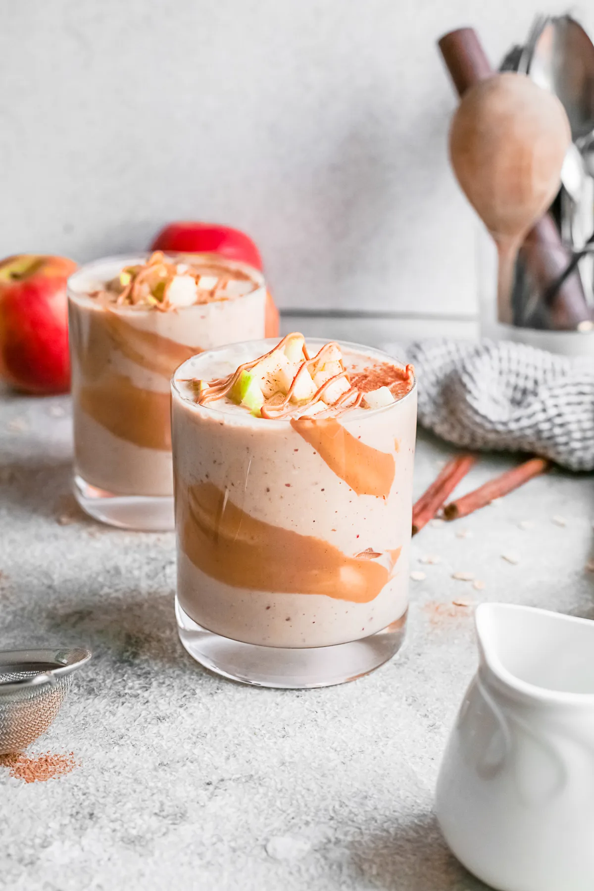 Apple pie smoothie with cinnamon on top. 