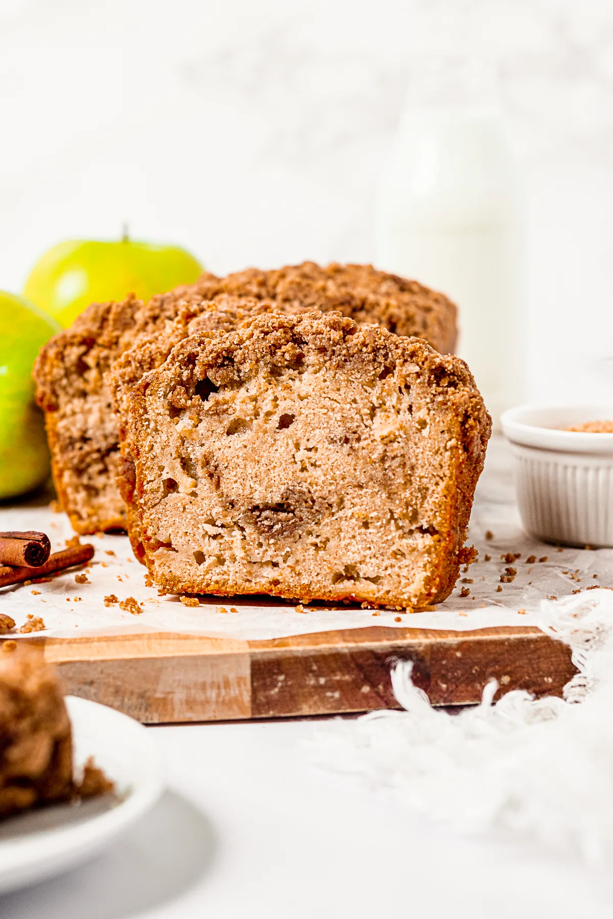 Apple Streusel Bread sliced to show layers. 