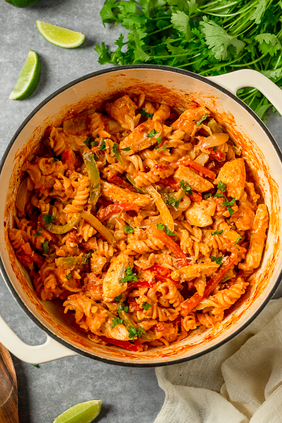 One Pot Chicken Fajita Pasta in a large pot for cooking. 