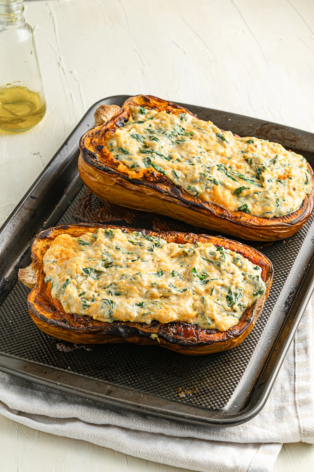 Butternut squash stuffed with four cheese filling. 