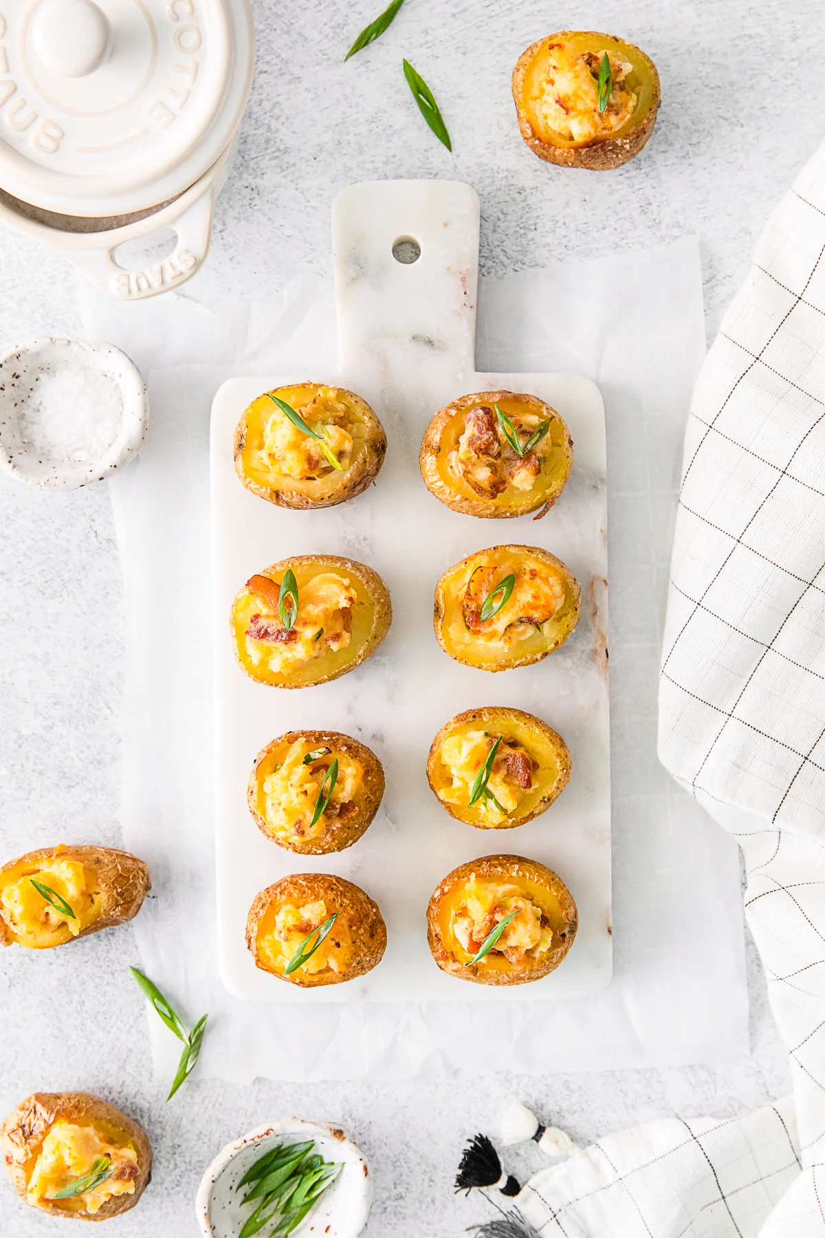Mini Loaded Baked Potatoes on a serving tray. 