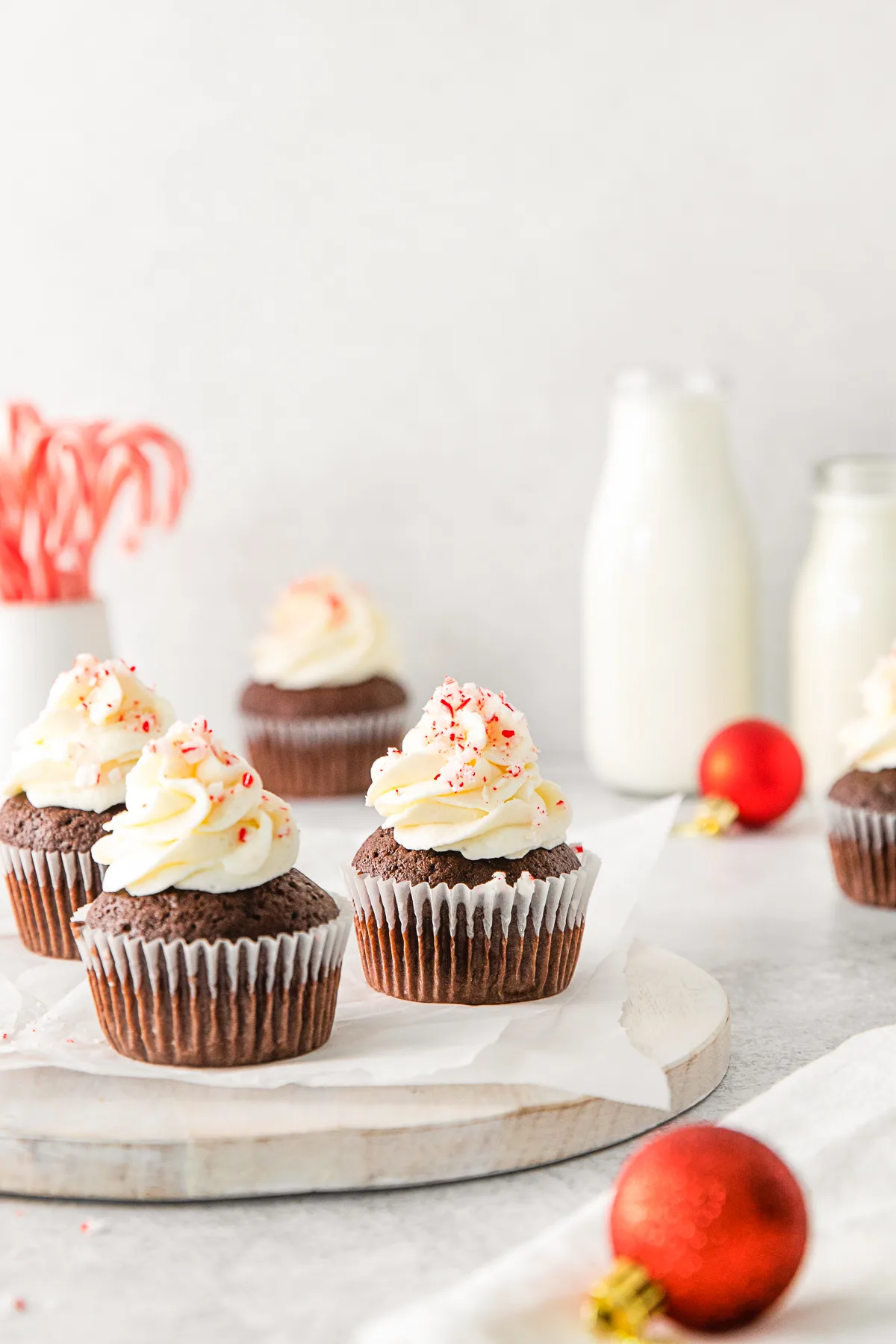 Peppermint Bark Cupcakes topped with white chocolate buttercream. 
