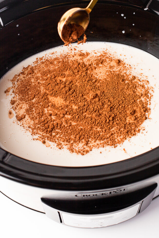 Cocoa powder being added to a slow cooker. 