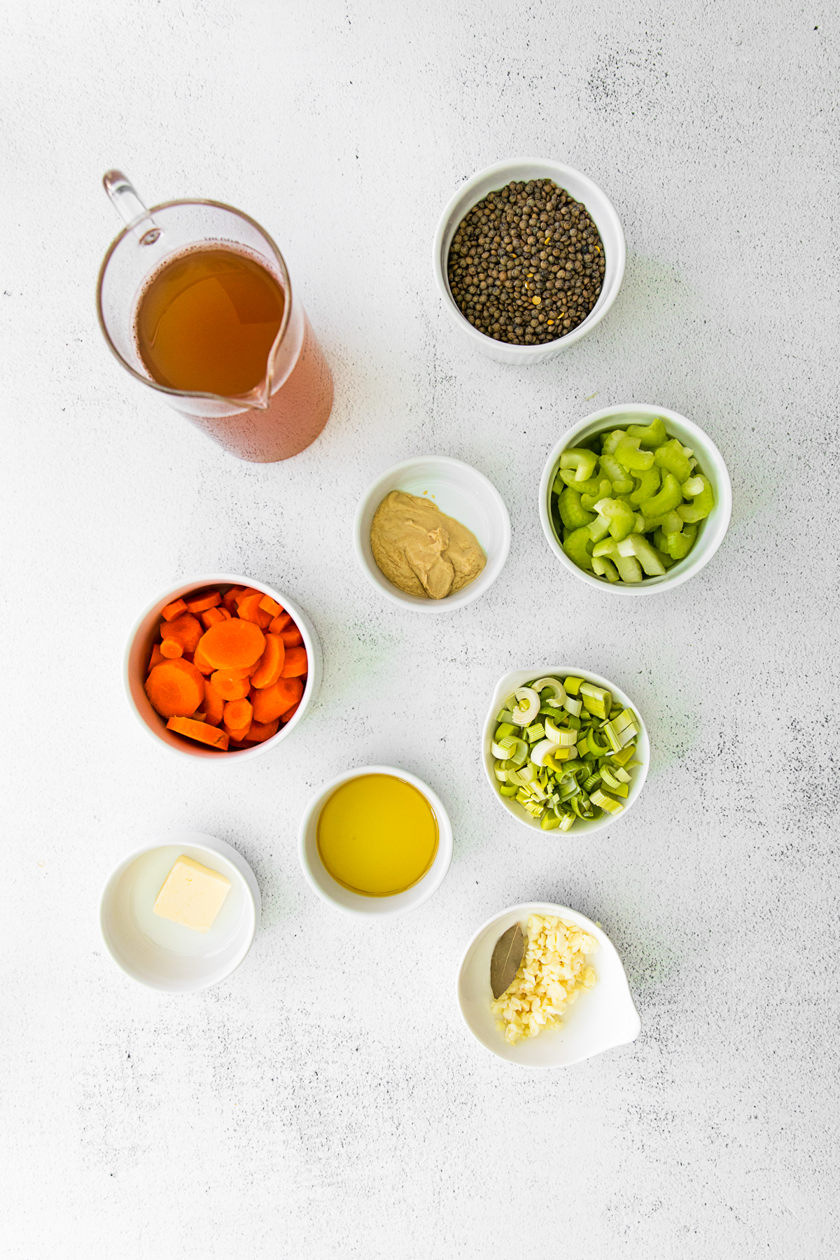 Healthy French Lentil Soup ingredients on a table. 