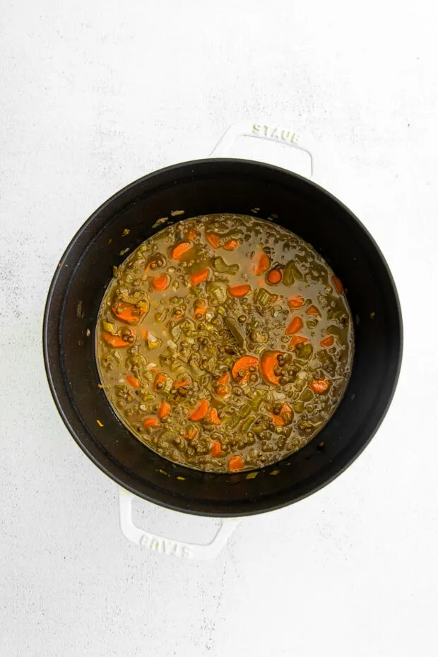 Healthy French Lentil Soup in a soup pot. 