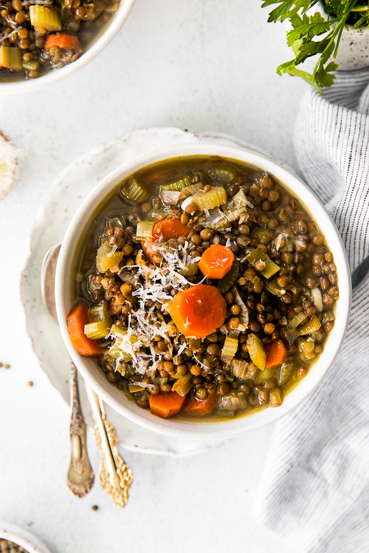 French lentil soup in a white bowl. 