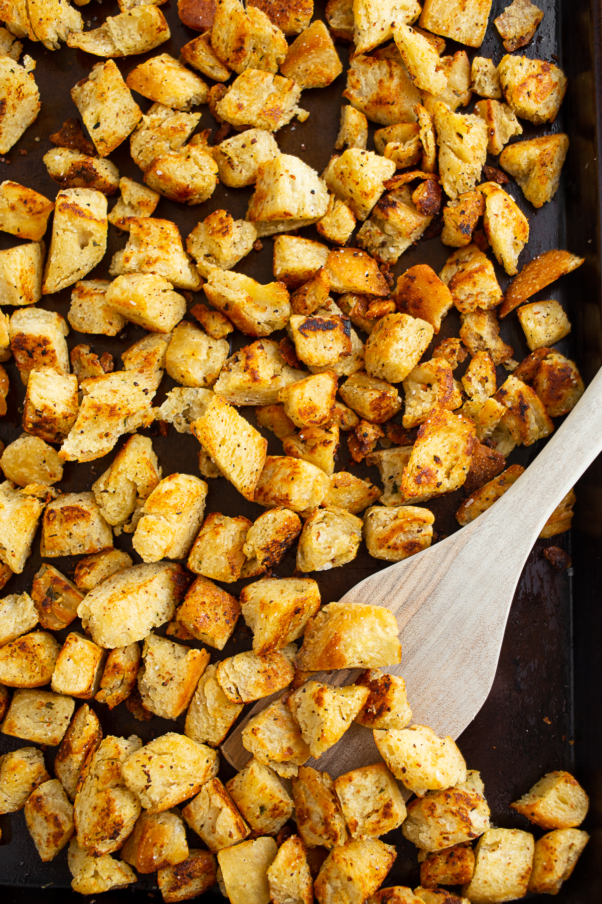 Homemade Croutons with Garlic Butter on a sheet pan. 