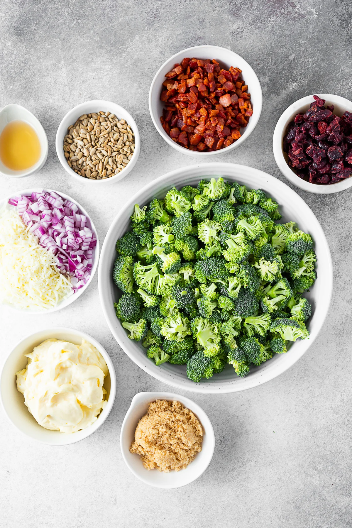The Best Broccoli Salad ingredients on a table. 