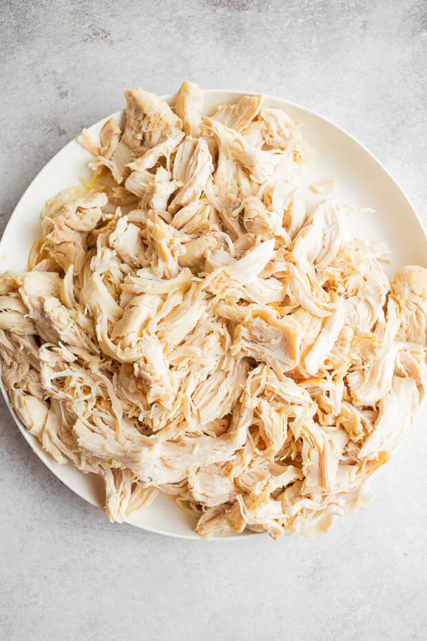 Shredded chicken on a plate. 